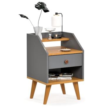 Imagem de Mesa Cabeceira Charme Apoio Lateral Cama Criado Organizador Pequeno Nicho Pé Palito Decoração Quarto Dakota (Cinza/Freijo)