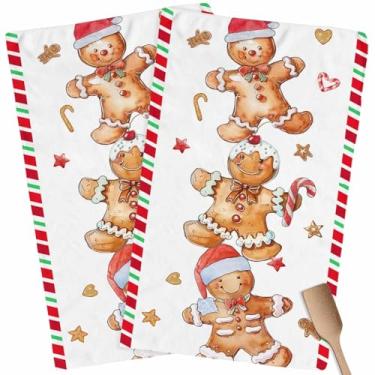 Imagem de Conjunto de 2 toalhas de cozinha de Natal, conjunto de 2 panos de prato e panos de prato para homem de gengibre, toalha de chá, bengala doce, vermelha, listrada, toalhas de mão absorventes para
