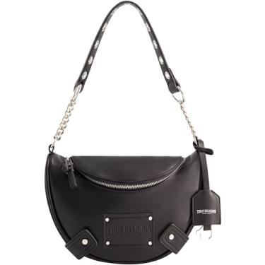 Imagem de True Religion Bolsa de ombro feminina, bolsa Hobo pequena de camurça sintética com alça de corrente, preta, Preto