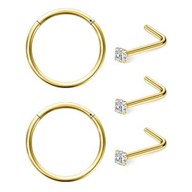 Imagem de Hoeudjo Argola de nariz articulada de aço cirúrgico 18G para mulheres, brincos de nariz de cristal transparente de 2 mm, joia para piercing corporal para mulheres e homens, tom dourado