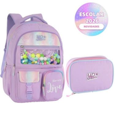 Imagem de Kit Mochila Candy Colorido Estrela Holográfico Com Chaveiro Pompom Est