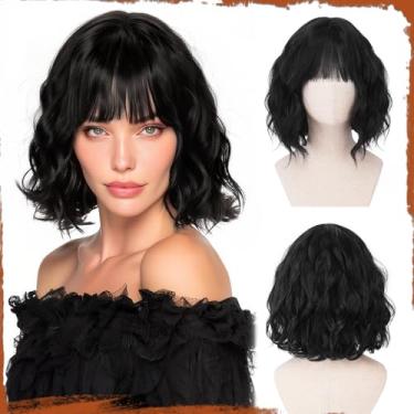 Imagem de SOFEIYAN Peruca curta ondulada com franja feminina 30 cm peruca sintética para mulheres, peruca encaracolada natural para cosplay, festa todos os dias, dia das bruxas