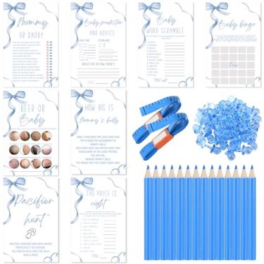 Imagem de Honoson Jogos de chá de bebê Blue Bow para 50 convidados, 8 jogos incluem bingo de chá de bebê, adivinhe quem é mamãe ou papai, confusão de palavras, qual é o tamanho da barriga da mamãe, caça à