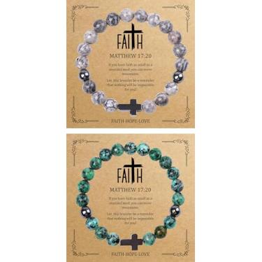 Imagem de 2 peças, cruz religiosa moderna, masculina, feminina, pedra natural de 8 mm, pulseira turquesa da África, pedra vulcânica, cruz para mulheres, presentes cristãos, Medium, Pedra, Sem Pedra Preciosa