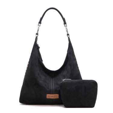 Imagem de Bolsa feminina Wrangler Suede Hobo em relevo macia e despojada conjunto de 2 peças, Gota preta, 16" x 4.5" x 11"