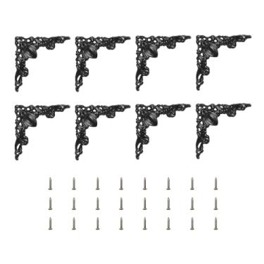 Imagem de 8 peças de suporte de canto plano vintage, 5,3 x 4,8 cm, protetores de canto de mesa decorativos de metal com parafuso para caixa de armário, móveis decorativos, preto