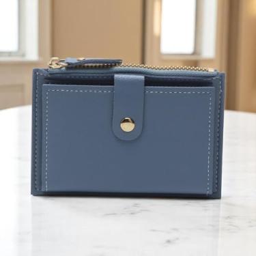 Imagem de 1 carteira simples curta com fecho de correr e porta-cartões de couro PU azul 13,5 x 9 cm