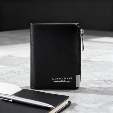 Imagem de Carteira masculina de fibra de carbono, dobra dupla, cor sólida, botão de pressão, com zíper, 6 compartimentos para cartões, 1 janela para identidade, 1 carteira compacta de camada de dinheiro para