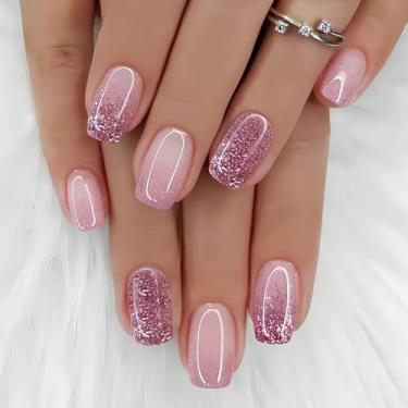 Imagem de Kit de unhas de pressão quadrado médio ombré rosa cola falsa conjunto de unhas com design de glitter cobertura completa bastão falso artificial em unha de acrílico para mulheres 24 peças