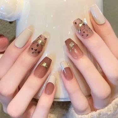 Imagem de Pregos postiços curtos e médios pregos falsos franceses com design dourado 3D cobertura completa bastão falso artificial cola em unhas de acrílico para mulheres, casamento, 24 peças