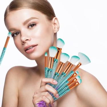 Imagem de 10 pincéis de maquiagem profissionais macios pincéis cosméticos sereia ferramenta de contorno