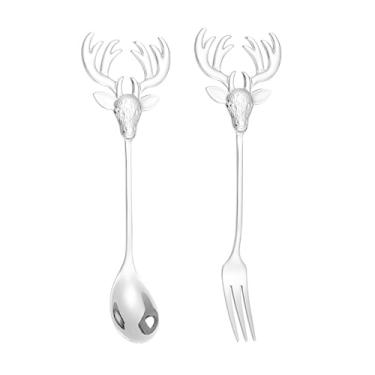 Imagem de Conjunto de 2 peças de garfo de colher de chifre de alce, aço inoxidável, 13,9 cm, desenho animado, rena, café, sobremesa, colheres para mexer, utensílios de mesa de Natal, utensílios de cozinha para