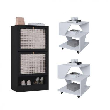 Imagem de Kit Sapateira 2 Portas E 2 Mesas De Cabeceira/centro Poquema Branco/preto