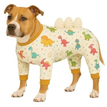 Imagem de LovinPet Pijama grande para cães, macacão elástico de quatro pernas, pijama leve com proteção UV, traje de recuperação calmante anti-lambe para cirurgia, pontas de ovo de dinossauro 3D, fácil de