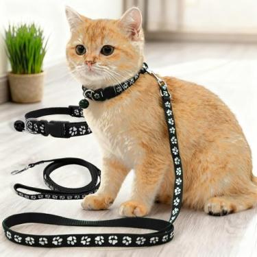 Imagem de Conjunto de coleira e coleira ajustável para animais de estimação com sino para cães e gatos, design de fivela confortável com estampa de pata fofa