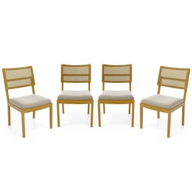 Imagem de Kit Com 4 Cadeiras Milena Madeira Maciça Assentos Estofados Encostos De Tela Palha Sextavada Veludo Bege 102