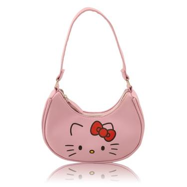 Imagem de Bolsa de mão Sanrio Hello Kitty Hobo para meninas | Bolsa de ombro transversal com alça ajustável | Pequena bolsa infantil de couro PU, bolsa pré-escolar, bolsa de uso diário ou mini bolsa de viagem