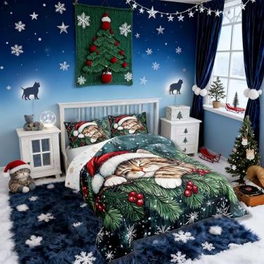 Imagem de Jogo de cama infantil fofo de gato, tamanho queen, inverno, azevinho, floco de neve, edredom de animal, feliz Natal, poinsétia, edredom verde escuro, 2 fronhas