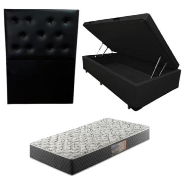 Imagem de Cama Box Baú Blindada com Colchão de Espuma D33 17cm + Cabeceira Botonê (CORINO PRETO, Solteiro)