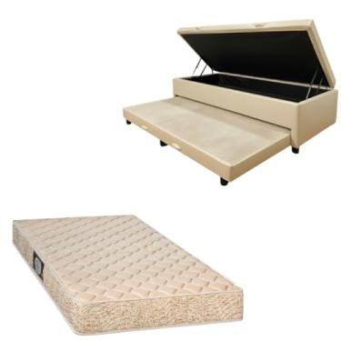 Imagem de Cama Box Baú Solteiro com Auxiliar (Bicama) + Colchão de Espuma Toulon D33 | Kit Completo com Cabeceira Botonê Opcional | Diversas Cores (2, CORINO BEGE, SEM CABECEIRA)