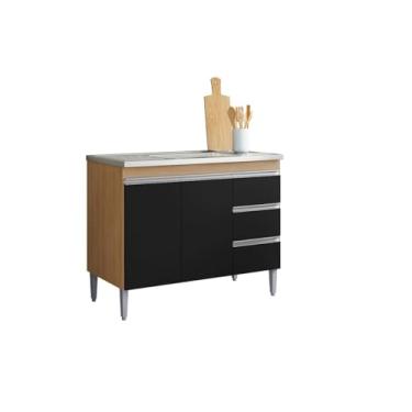 Imagem de Balcão Armário de Cozinha Andréia 100cm Amêndoa/Preto S/Tampo 2 Portas 3 Gavetas
