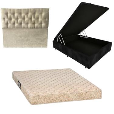 Imagem de Cama Box Baú Blindada com Colchão de Espuma Orthopedic + Cabeceira Botonê (SUEDE PRETO, Casal)