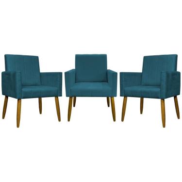 Imagem de Kit 3 Poltronas Decorativas Confortáveis Mari - Azul-marinho Suede