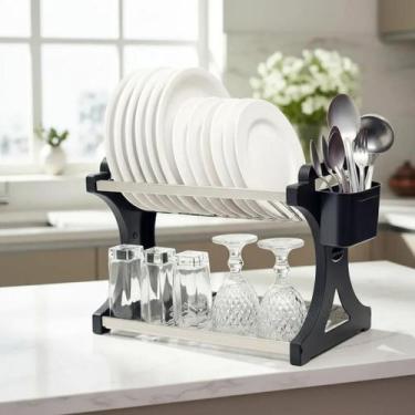 Imagem de Escorredor de Louça 16 Pratos Preto em aço Inox Alto com Porta Talher 