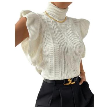 Imagem de Colete de suéter Floerns Ruffle Trim, tricotado, gola alta, bege