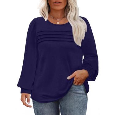 Imagem de Blusa túnica Eytino Plus Size de manga comprida com gola redonda 2X az