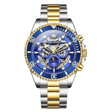 Imagem de OLEVS Relógios mecânicos automáticos masculinos de luxo, dourado, azul, esqueleto, turbilhão, aço inoxidável
