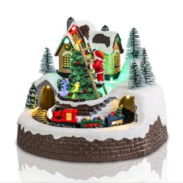 Imagem de Bdor Decoração iluminada de vila de Natal exibição musical animada de Natal colecionável Papai Noel montando trem operado por bateria decoração interna