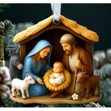 Imagem de KiKi9xDesigns Ornamento de presépio - Decoração de Natal em acrílico - Sagrada Família com o Bebê Jesus e Animais - Lembrança de Férias Religiosas - Presente para Crentes