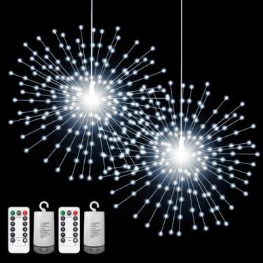Imagem de PXBNIUYA Pacote com 2 lâmpadas esferográficas suspensas de 200 LEDs, luzes starburst operadas por bateria, controle remoto regulável, luzes de fadas para decoração de Natal interna e externa (branca)