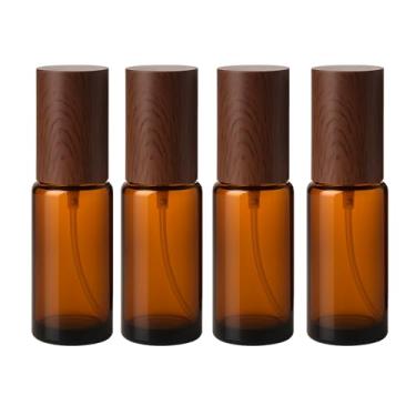 Imagem de 4 frascos de spray de vidro âmbar de 30 ml com tampas de plástico de grão de madeira recarregáveis, atomizador de névoa fina, frasco de perfume vazio de viagem para óleos essenciais, cuidados com a