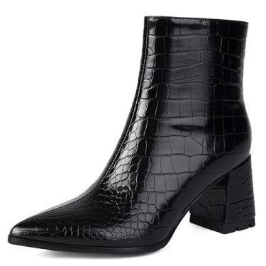 Imagem de XIANGZU Botas femininas de bico fino, salto grosso, cano curto, Preto, 36