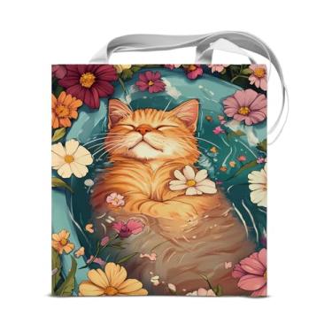 Imagem de KSFFWQIN Linda bolsa de lona floral para mulheres gato laranja na água estética reutilizável mercearia bolsa de ombro para compras, trabalho, viagem, praia, dono de animal de estimação
