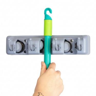 Imagem de Suporte de Parede para vassouras Multifuncional para 4 Vassouras Plástico PP Cinza com 5 Ganchos Adicionais