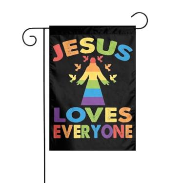 Imagem de KOSUES Bandeira LGBT Arco-íris Orgulho Gay Jesus Loves Everyone Bandeira de jardim 30,5 x 45,7 cm Bandeiras externas de dupla face vertical sazonal bandeira de boas-vindas festa quintal férias