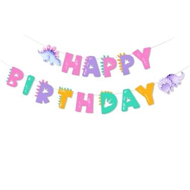 Imagem de Banner de feliz aniversário de dinossauro, suprimentos de decoração de festa com tema pré-histórico, decoração de celebração de aventura de dinossauro para meninos, meninas, pano de fundo de festa
