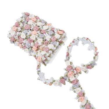 Imagem de letsinstyle Acabamento de borda de renda de flor 3D de 3 metros, fita vintage de contas de pérola rosa, acabamento bordado floral para artesanato de costura faça você mesmo, vestido de casamento