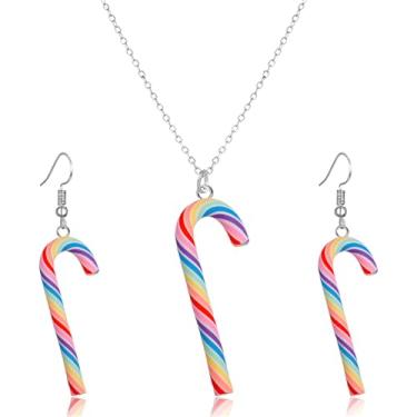 Imagem de QLYOVWE Lindo conjunto de colar de brincos de pirulito arco-íris para mulheres, brincos feitos à mão com gotas de argila doce e doces engraçados, simulação de cores, colar de comida fashion para