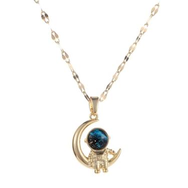 Imagem de Naturepernulo Colar feminino com pingente de astronauta lua, banhado a ouro 14K, colar planeta, zircão, cristal, lua e planeta, Moderate type, Metal, Sem Pedra Preciosa