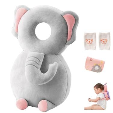 Imagem de Mochila protetora de cabeça de bebê, mochila ajustável para proteção de cabeça de bebê com joelheiras para caminhar e engatinhar, macia, respirável e segura para usar – Elefante cinza