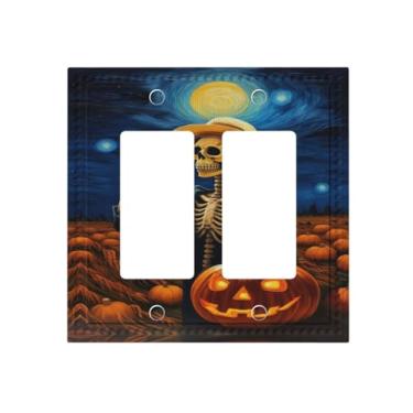 Imagem de HLCoChT Capas decorativas para interruptores de luz de esqueleto de abóbora de Halloween 2 Gang Dual Rocker Outlet Switch Plate Faceplate GFCI