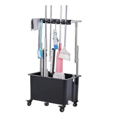 Imagem de TRGCJGH Carrinho de limpeza sobre rodas, pia de esfregão de montagem no chão com suporte de esfregão de vassoura, organizador de ferramentas de limpeza (5 compartimentos e 6 ganchos, B)