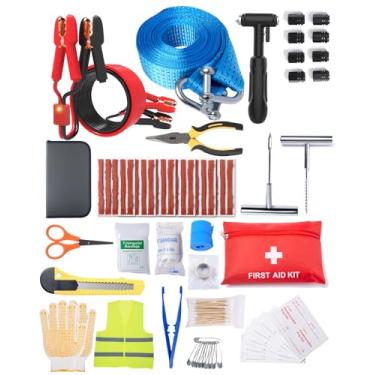 Imagem de YANTU Cabos De Ligação Para Carro, Kit Emergência Automotivo Definitivo Com 110 Peças, Inclui Assistência Na Estrada, Martelo Segurança Cintas Reboque, Reparo Pneus, Primeiros Socorros, Equipamento