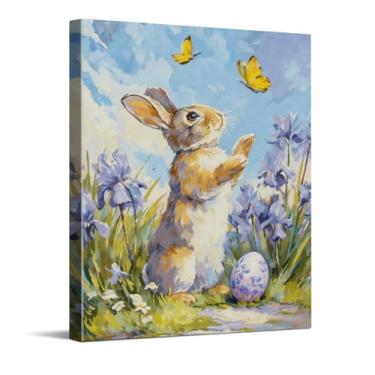 Imagem de CYFDYVT Impressionista Coelhinho da Primavera com Borboletas Impressão de Arte de Parede de Páscoa com Design de Ovo Floral para Decoração de Casa Sazonal Arte em Tela para Quarto de Berçário 20 x 25