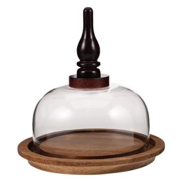 Imagem de CONGARTENO Suporte de bolo de madeira com cúpula de vidro, bandeja rústica para exibição de pastelaria com tampa para sobremesas, base resistente para colocação segura de bolos, biscoitos e pães para
