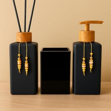 Imagem de Kit Lavabo Banheiro Luxo Square com Difusor, Sabonete Líquido e Porta Escova de Vidro(Preto Fosco C/Amadeirado)